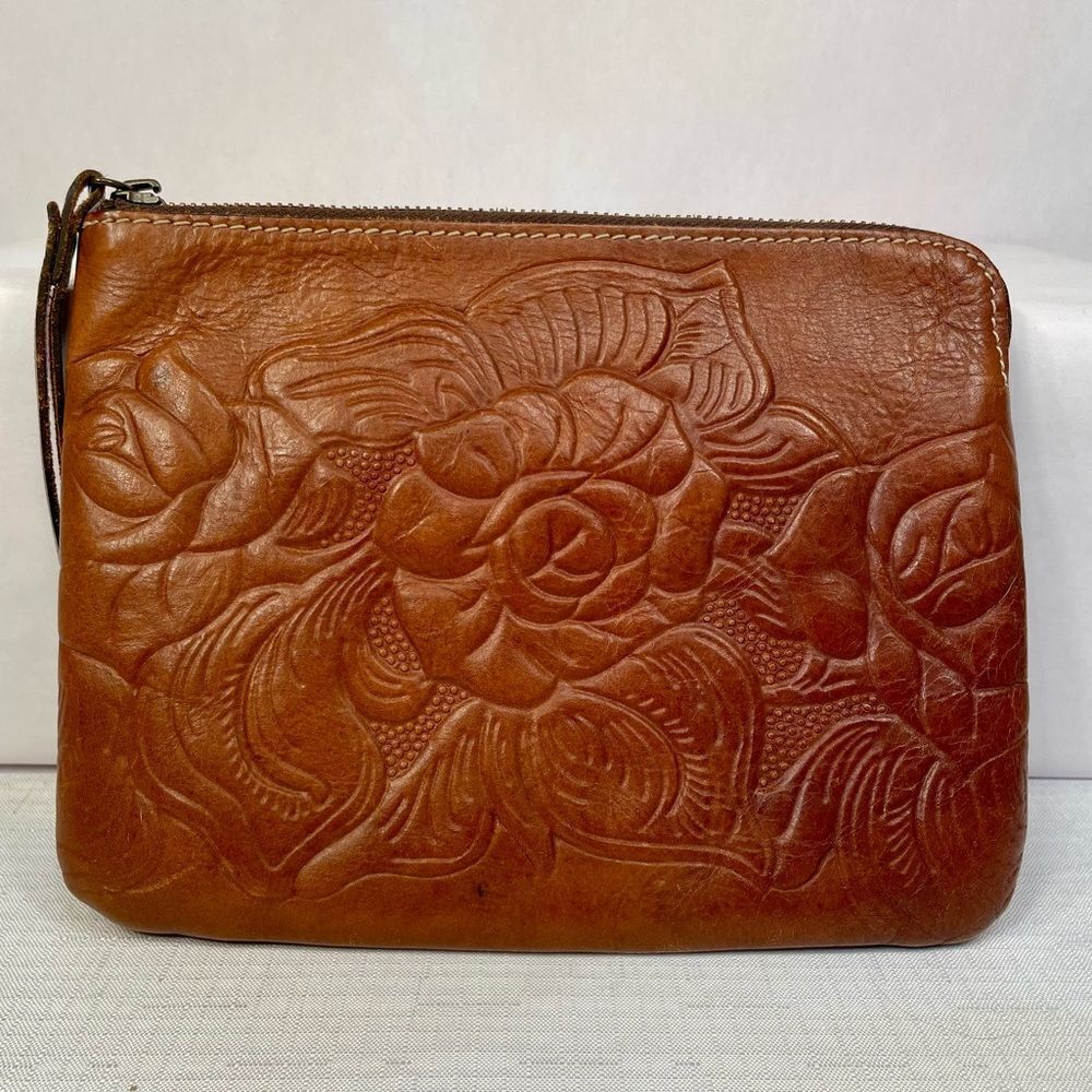 Patricia Nash Brown Leather Floral Embossed Clutch